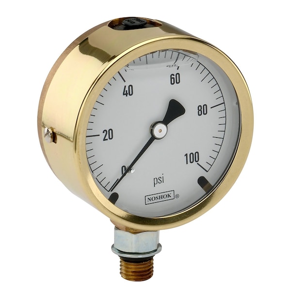 Pressure Gauge, 2.5" Brass Case, Copper Alloy Internals, 2000 psi/kg/cm2, 7/16"-20 Male Bottom Conn, Glycerin Fill